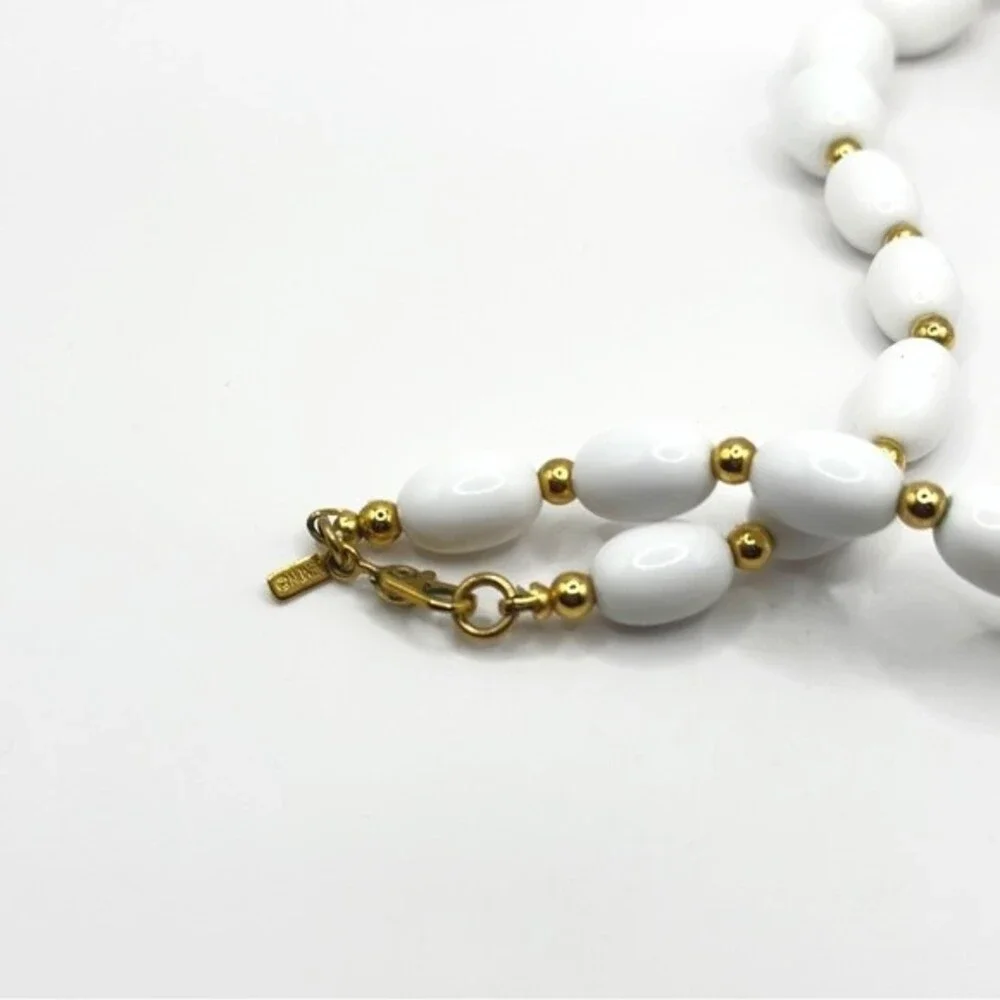 Vintage Signed Monet 80s White Chunky Bead Necklace Clip On Earrings